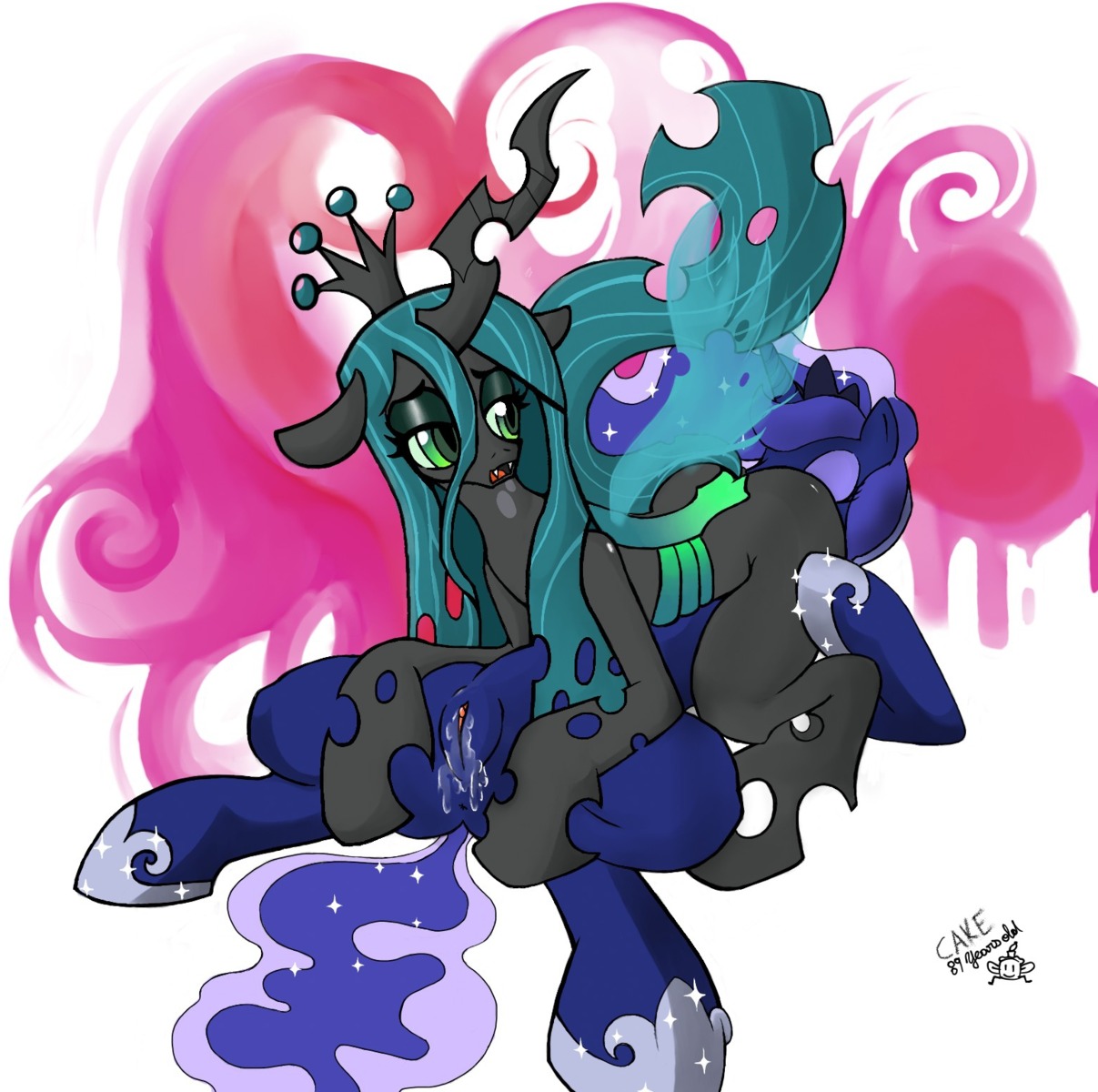 2012 69_position abstract_background anus arthropod bodily_fluids changeling_(mlp) clitoris clothing crown cunnilingus cute_fangs duo e621 equid equine eyebrows eyelashes eyes_closed eyeshadow fangs female female/female feral feral_on_feral footwear friendship_is_magic genital_fluids genitals green_eyes green_hair hair hand_on_butt hand_on_leg hand_on_thigh hasbro headgear hi_res horn insect_wings looking_back lying makeup mammal my_little_pony mythological_creature mythological_equine mythology on_back oral princess_luna_(mlp) pupils queen_chrysalis_(mlp) ricocake sex shoes signature simple_background slit_pupils spread_legs spreading teeth tongue unicorn vaginal vaginal_fluids vulva white_background wings