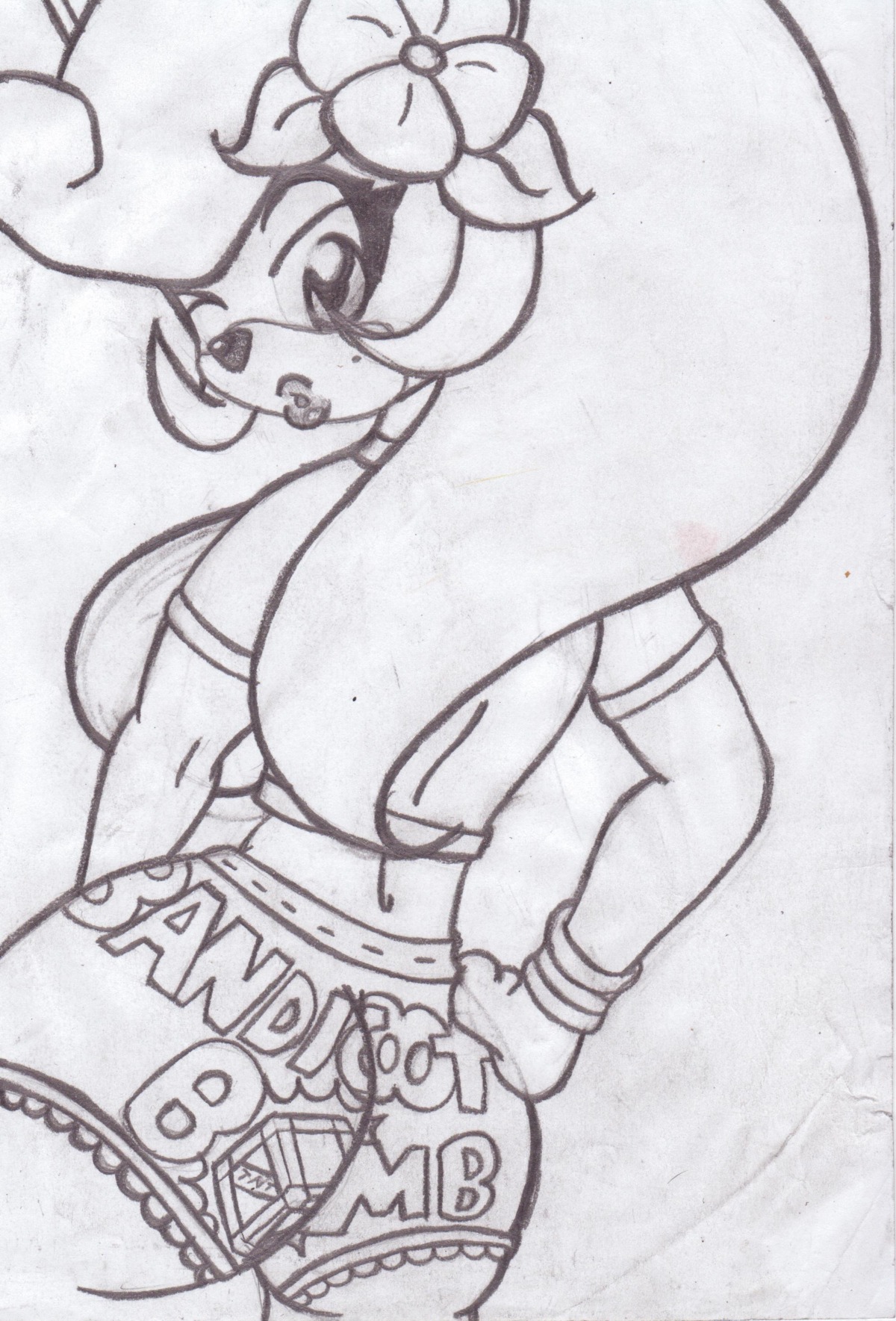 anthro back_view bandicoot clothes coco_bandicoot crash_(series) female female_only flower fur furry hair hand_on_hip long_hair looking_back mammal marsupial monochrome ponytail rule34 shirt solo takumi tied_hair