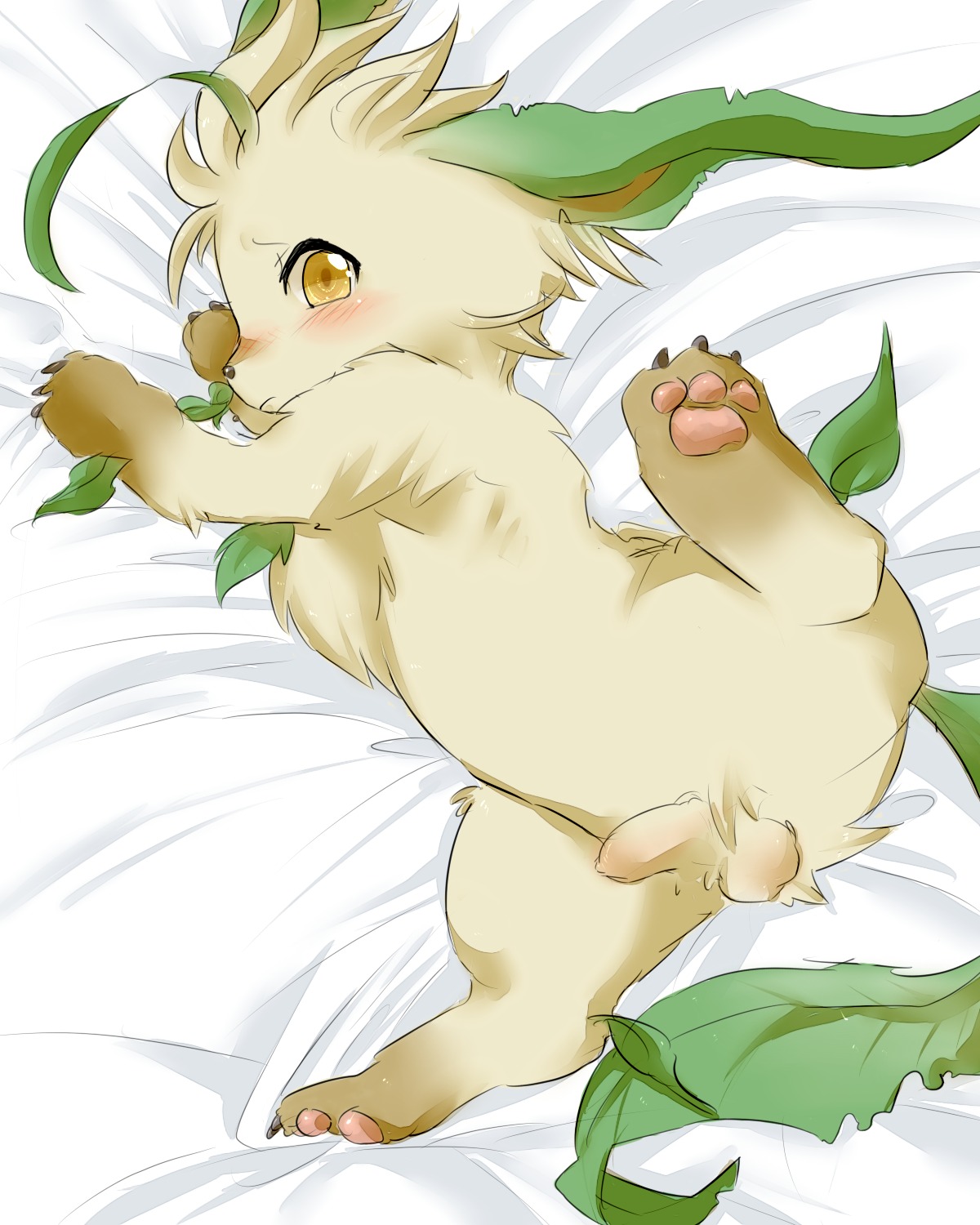 4:5 balls blush claws e621 eeveelution feet feral foreskin generation_4_pokemon genitals hi_res hindpaw leafeon male nintendo nude pawpads paws penis pokemon pokemon_(species) presenting presenting_penis solo spread_legs spreading tail アソーレ