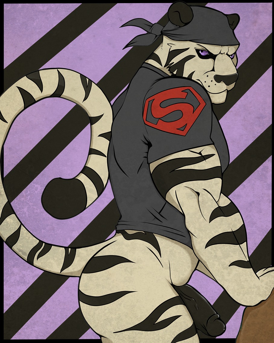 2012 anthro biceps big_muscles biped black_body black_clothing black_fur black_nose black_penis black_sclera black_shirt black_stripes black_topwear bottomless clothed clothing dwalker e621 erection felid fur genitals geometric_background humanoid_genitalia humanoid_penis kerchief leucistic looking_at_viewer male mammal muscular muscular_anthro muscular_male pantherine penis purple_eyes raised_tail rivers shirt simple_background solo standing striped_body striped_fur stripes tail tiger topwear vein white_body white_fur