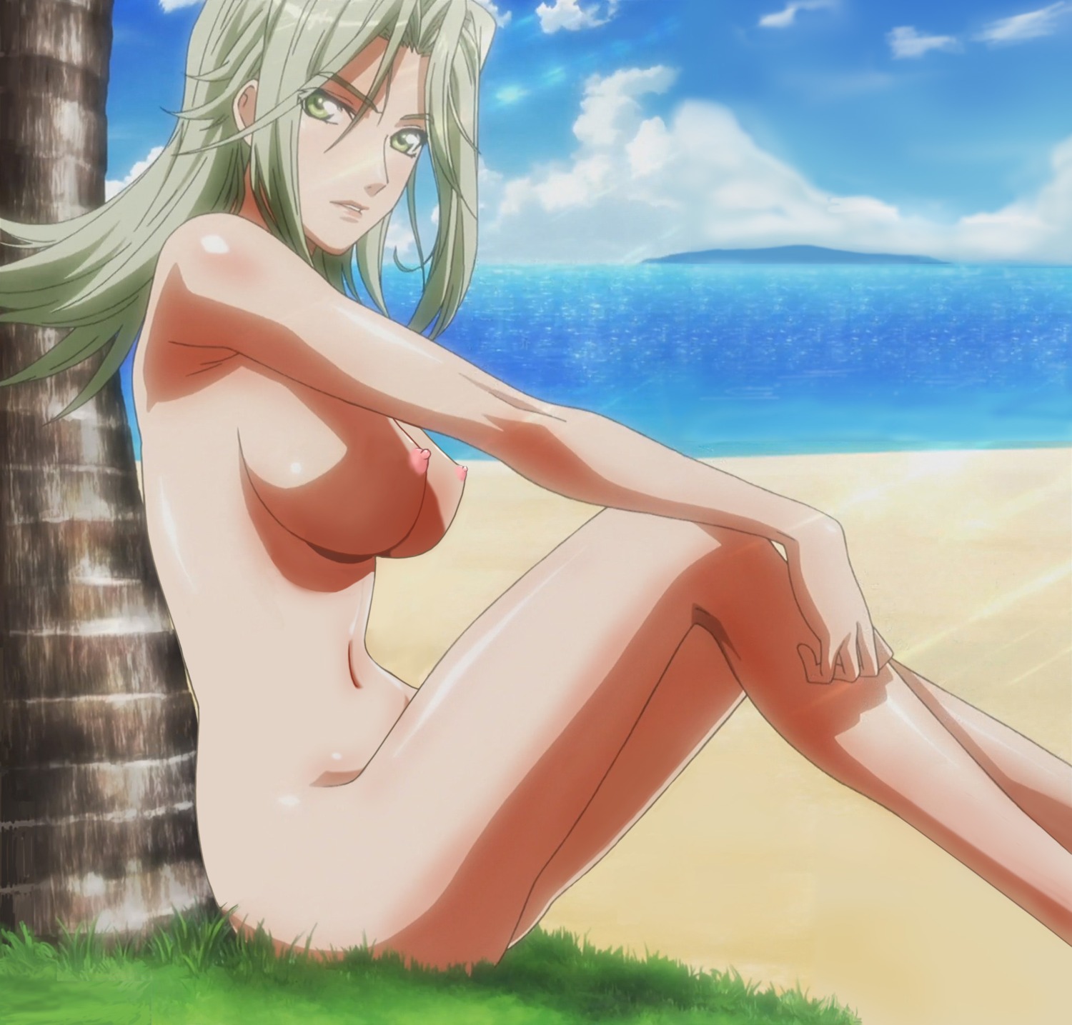 beach breasts casual casual_nudity day female female_only green_eyes green_hair human lamia_loveless looking_aside looking_at_viewer nude outdoors pale_skin photoshop rule34 side_view sitting sky solo super_robot_wars tagme tree