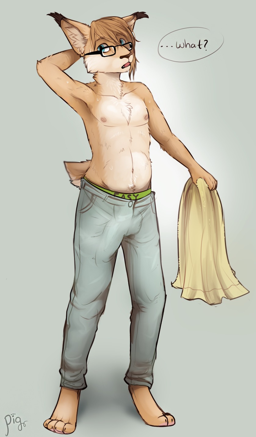 anthro bottomwear boxers_(clothing) bulge caracal caracal_(genus) clothed clothing confusion denim denim_bottomwear denim_clothing detailed_bulge down_the_leg_bulge e621 eyewear felid feline genital_outline glasses hi_res jeans kitt-n-valentine lynx male mammal nipples pants penis_outline potbelly sepiaflux slightly_chubby solo topless towel underwear wet
