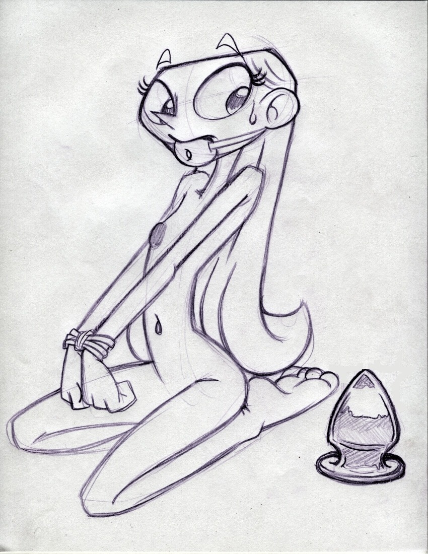 bondage buttplug cartoon_network dee_dee_(dexter's_laboratory) dexter's_laboratory female female_only gag gagged huge_buttplug human king-cheetah monochrome nipples rule34 sketchy solo