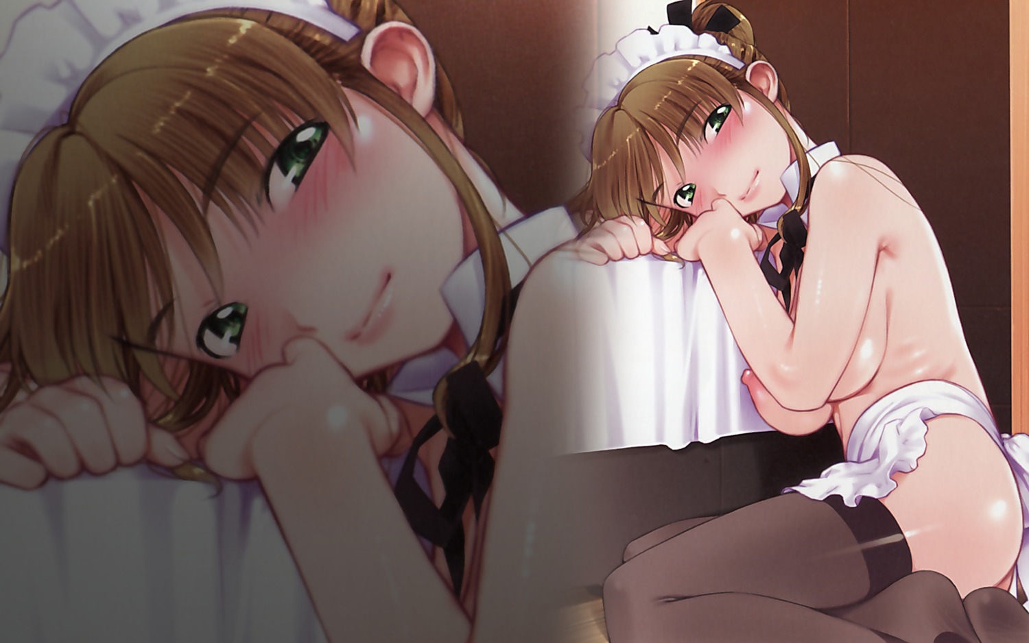 apron female green_eyes highres maid nipples rule34 wallpaper wallpaper_for_the_brave