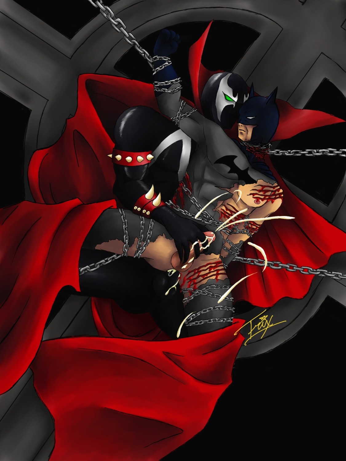 2boys batman batman_(bruce_wayne) batman_(series) bruce_wayne crossover dc dc_comics male male_only rule34 spawn_(albert_simmons) spawn_(image_comics) tagme yaoi