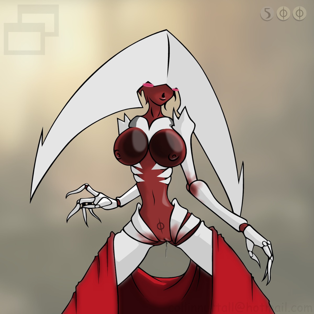1:1 2013 5_fingers alien big_breasts blush bodily_fluids breasts e621 elesh_norn female fingers genital_fluids genitals hasbro hi_res humanoid magic:_the_gathering nipples not_furry open_mouth phyrexian red_body slushy solo spread_legs spreading standing vaginal_fluids vulva white_body wizards_of_the_coast