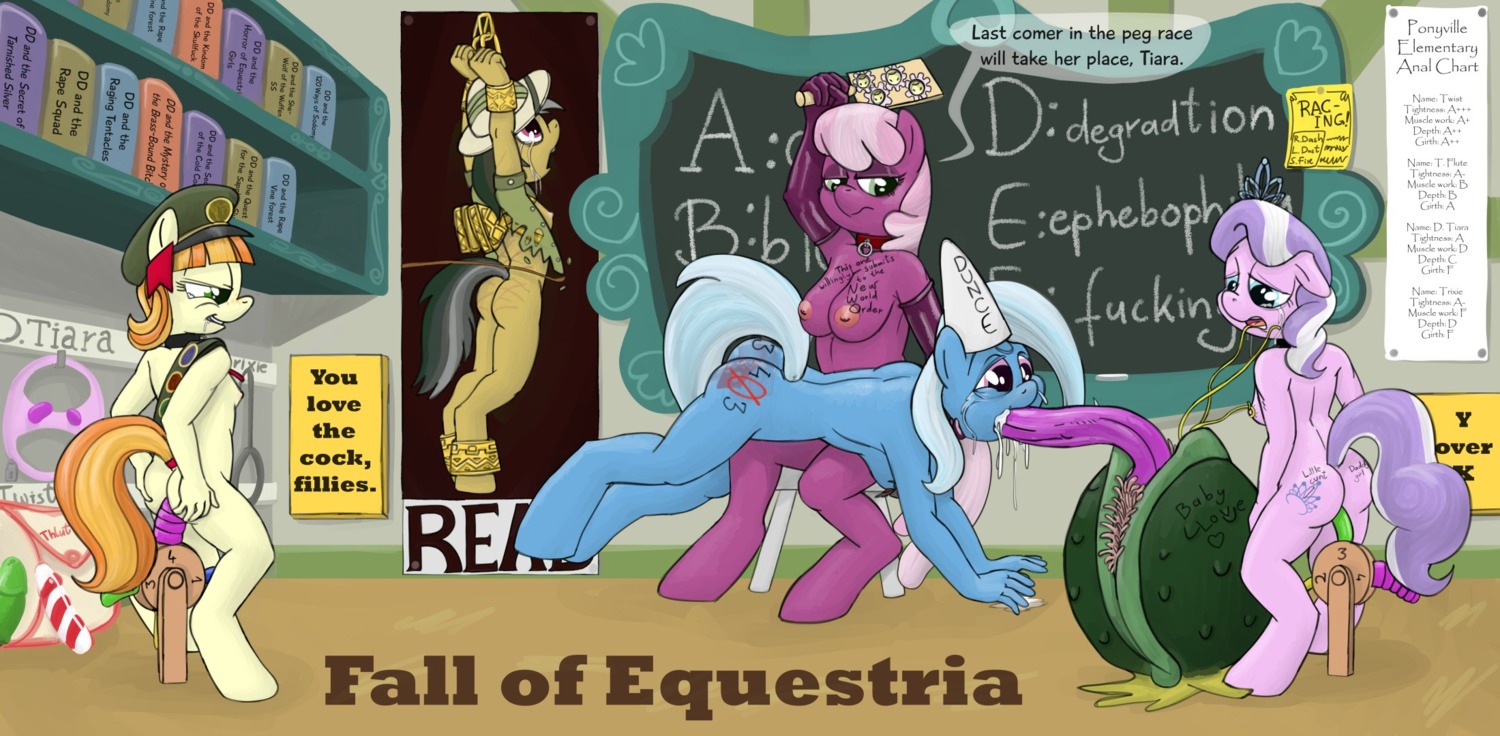 2013 ambiguous_penetration anthro anthrofied armor bdsm black_collar bodily_fluids bondage bound breasts butt_slap chalkboard cheerilee_(mlp) clothing collar comic cum cum_in_mouth cum_inside cutie_mark daring_do_(mlp) dialogue diamond_tiara_(mlp) digital_media_(artwork) drooling e621 earth_pony english_text equid equine fall_of_equestria female friendship_is_magic fur genital_fluids ginger_snap_(mlp) girl_scout green_eyes group hair hasbro hat headgear headwear helmet hi_res horn horse information_board inside mammal multicolored_hair my_little_pony mythological_creature mythological_equine mythology nipples nude on_lap oral oral_penetration over_knee paddle penetration pith_helmet pony purple_body purple_eyes purple_fur red_collar saliva sex_toy sitting slap smudge_proof spanking stump_horn tail tears tentacle_creature tentacle_in_mouth tentacle_penetration tentacles text trixie_(mlp) two_tone_hair unicorn whip young young_anthro