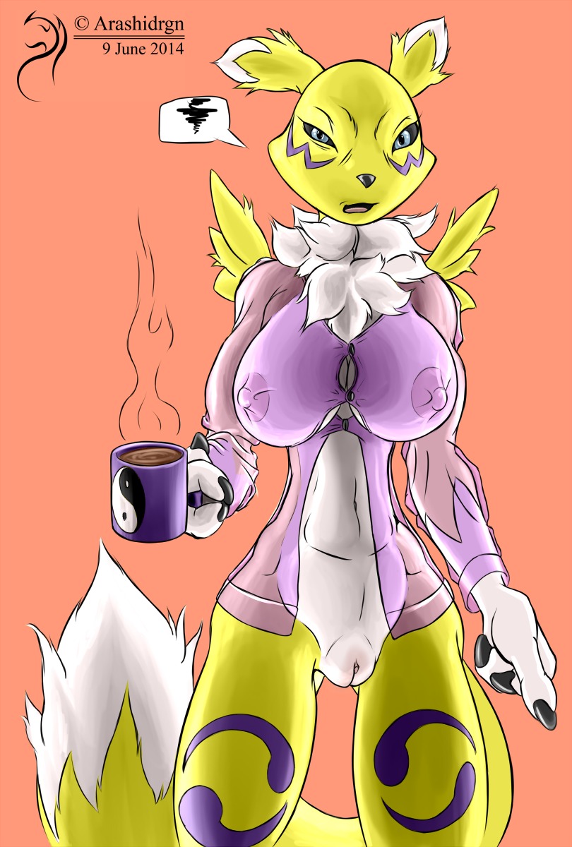 2014 anthro arashidrgn bandai_namco black_sclera blue_eyes breasts canid canine chest_tuft claws clothed clothing digimon digimon_(species) e621 female fur genitals hi_res mammal nipples open_mouth renamon simple_background solo tongue tuft vulva white_body white_fur yellow_body yellow_fur