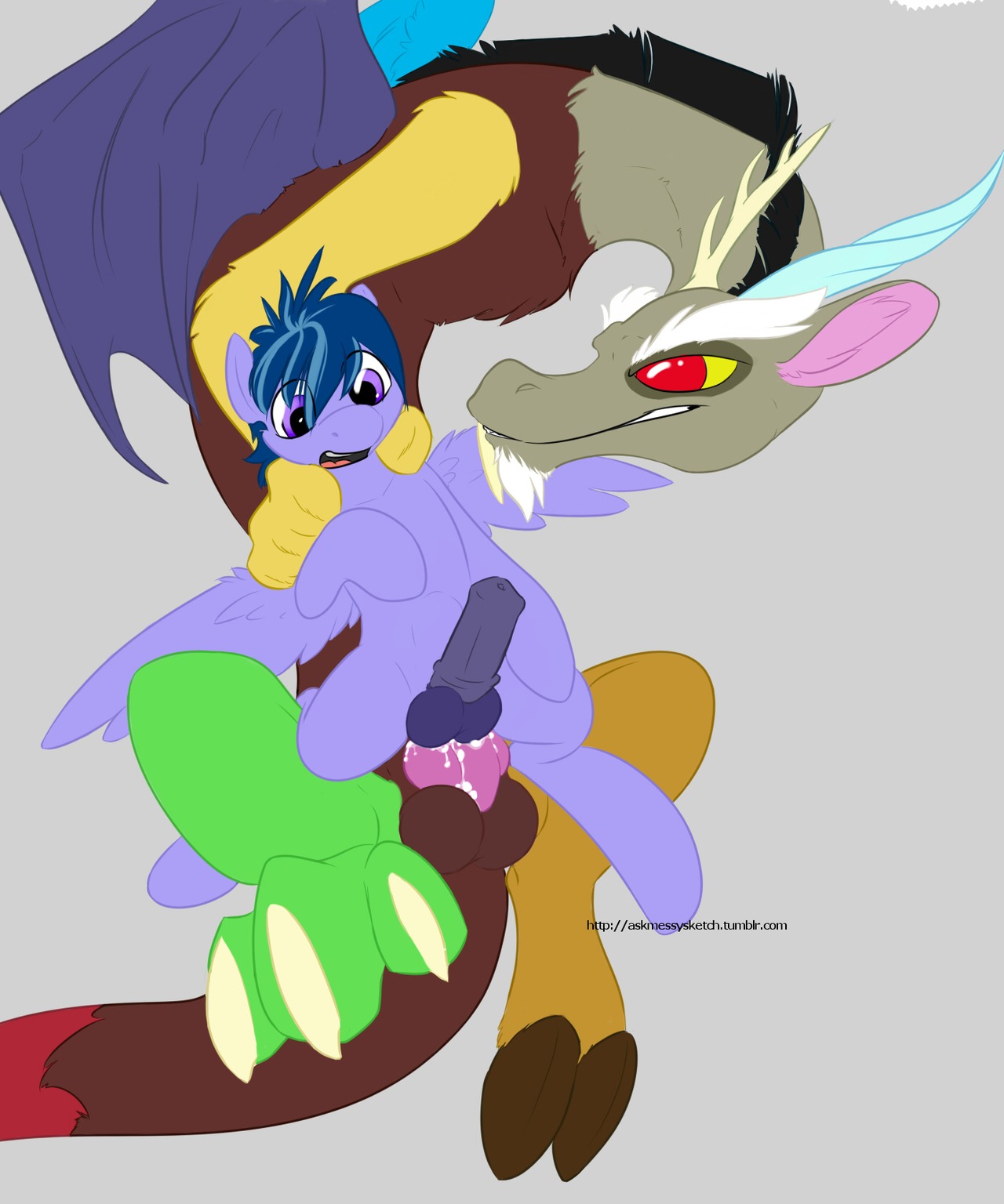 5:6 anal anal_penetration animal_genitalia animal_penis balls bodily_fluids chimera corvid_quill cum cum_inside discord_(mlp) draconequus duo e621 equid equine equine_genitalia equine_penis erection fan_character feathered_wings feathers feral friendship_is_magic genital_fluids genitals hair hasbro hi_res horn male male/male male_penetrated male_penetrating male_penetrating_male mammal membrane_(anatomy) membranous_wings messysketch multicolored_hair my_little_pony mythological_creature mythological_equine mythology open_mouth pegasus penetration penis red_eyes sex simple_background tail text url wings