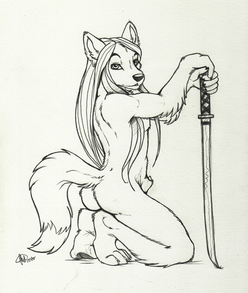 animal_genitalia anthro butt canid canine canis e621 faolan genitals hair katana kwik_(artist) long_hair male mammal melee_weapon nude penis penis_tip pose sheath solo sword tail weapon wolf