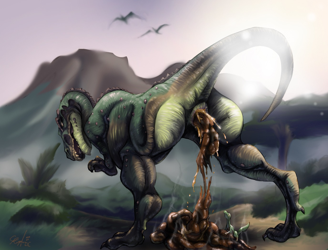 ambient_bird ambient_flier ambient_silhouette ambiguous_gender animal_genitalia avian biped bird black_claws brown_body brown_butt brown_scales brown_tail butt claws cloaca compsognathid compsognathus dark_claws detailed_background digital_media_(artwork) dinosaur e621 feces feces_in_cloaca feces_pile feral genitals grass green_body green_butt green_face green_scales green_tail group halapmir light monotone_body monotone_scales monotone_tail multicolored_body multicolored_butt multicolored_scales multicolored_tail open_mouth outside plant pooping prehistoric_species raised_tail reptile saurischian scales scalie scatplay signature silhouette size_difference sky snout solo_focus standing tail tapering_tail teeth theropod toe_claws tyrannosaurid tyrannosauroid tyrannosaurus tyrannosaurus_rex white_sky yellow_body yellow_butt yellow_scales yellow_tail yellow_teeth