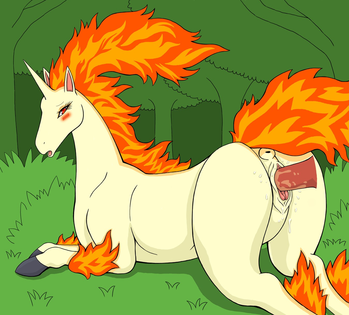 anus beige_fur blush color day disembodied_penis female fiery_hair fiery_mane fiery_tail fire forest fur furry_ears hooves horn looking_back male mane nude outdoors penis pointy_ears pokemon pussy raised_tail rapidash red_eyes rule34 sex straight tail vaginal_penetration vulva