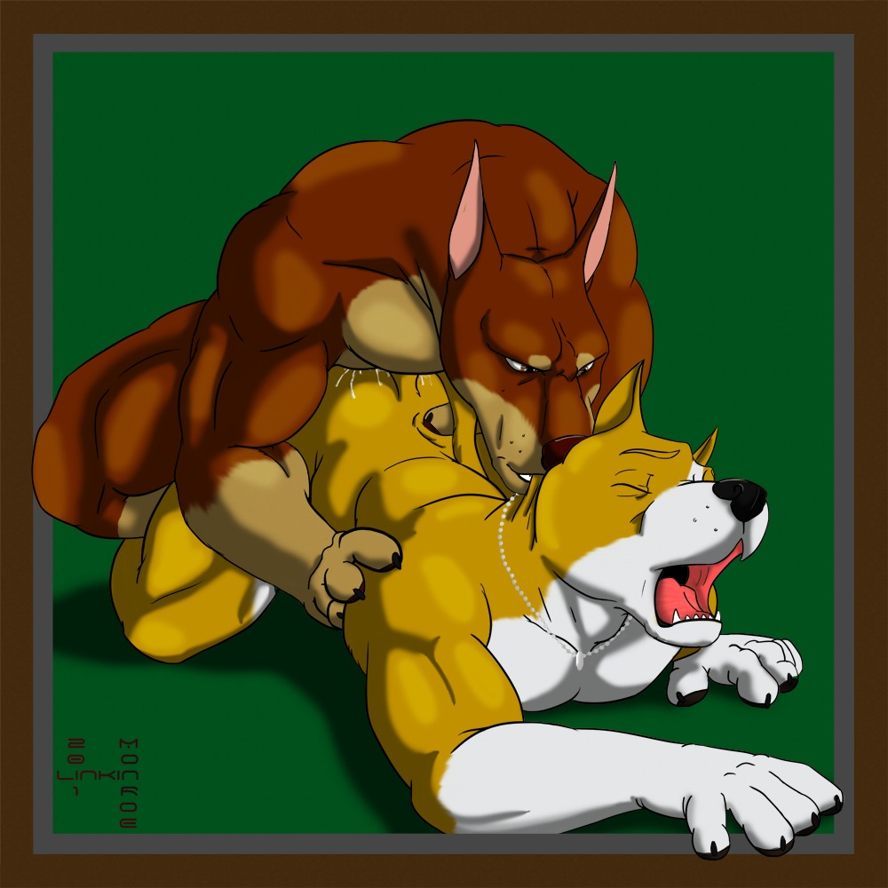 1:1 2011 all_fours anal anal_penetration anthro biceps bite bodily_fluids brown_body brown_eyes brown_fur butt canid canine canis claws cropped_ears cum cum_in_ass cum_inside cum_on_butt dobermann doggystyle domestic_dog dominant dominant_male duo e621 erection eyes_closed fangs from_behind_position fur genital_fluids genitals jewelry linkin_monroe male male/male male_penetrated male_penetrating male_penetrating_male mammal mounting muscular necklace nude orgasm pecs penetration penis pinscher pit_bull rough_sex sex teeth tongue white_body white_fur yellow_body yellow_fur