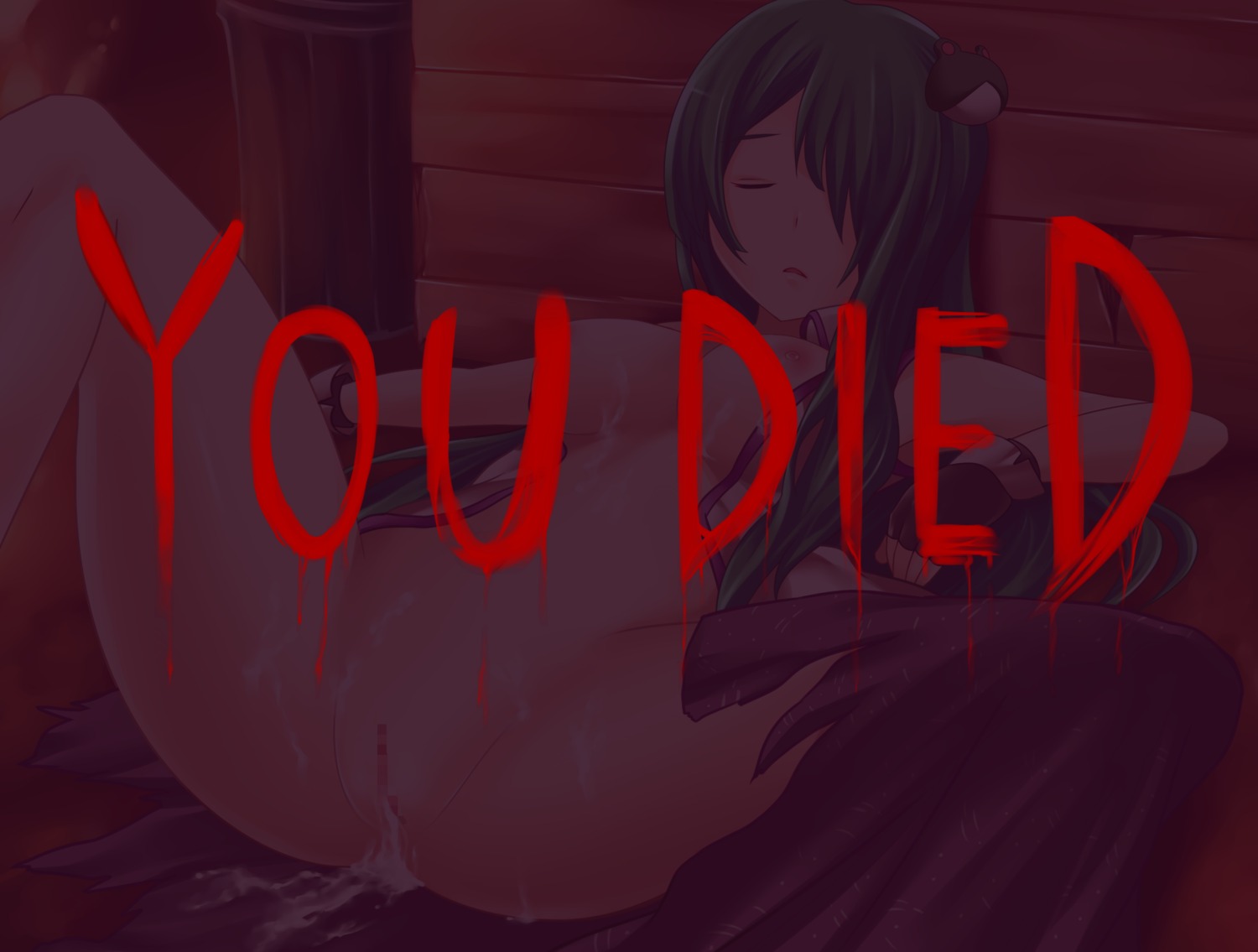 after_sex bad_end censored closed_eyes cum cum_inside cum_on_body cum_on_clothes cum_on_lower_body cum_on_upper_body cumdrip female fingerless_gloves fire gloves green_hair hair_ornament highres lying nipples no_bra no_panties open_clothes open_shirt parody pointless_censoring resident_evil rule34 sanae_kochiya torn_clothes touhou trashcan yoshimo