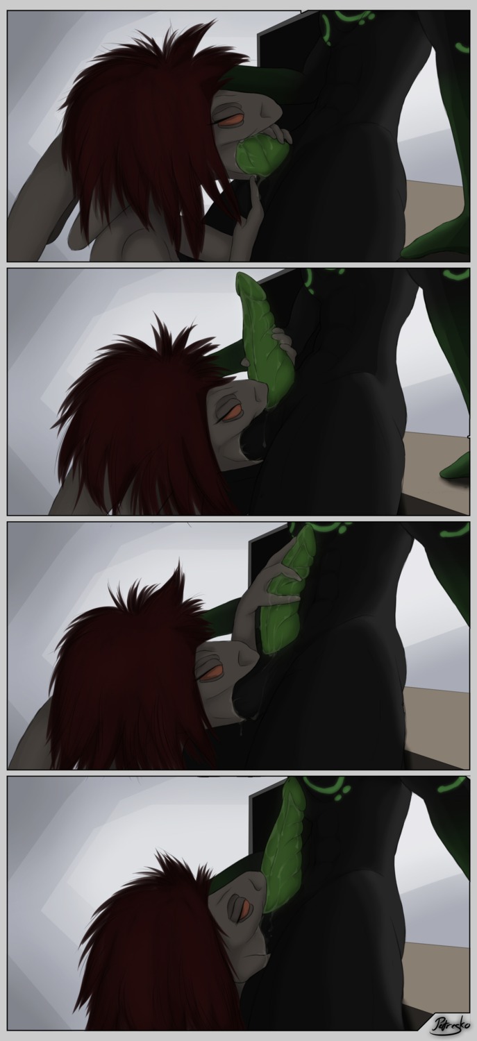 absurd_res alien ball_fondling ball_suck balls bodily_fluids body_worship comic dark_body dark_skin dripping duo e621 fellatio female fondling genital_worship genitals green_body green_skin grey_body grey_skin hair hi_res male male/female markings monster nude oral orange_eyes penile penis penis_worship petresko red_hair saliva sepilian sex sucking tattoo wet