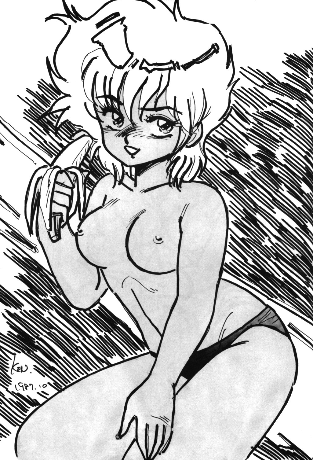 1980s 1987 1girls 20th_century breasts curvaceous dirty_pair female greyscale headband human kei_(dirty_pair) ken_yagami large_breasts monochrome nipples panties rule34 short_hair solo straight_hair tomboy topless