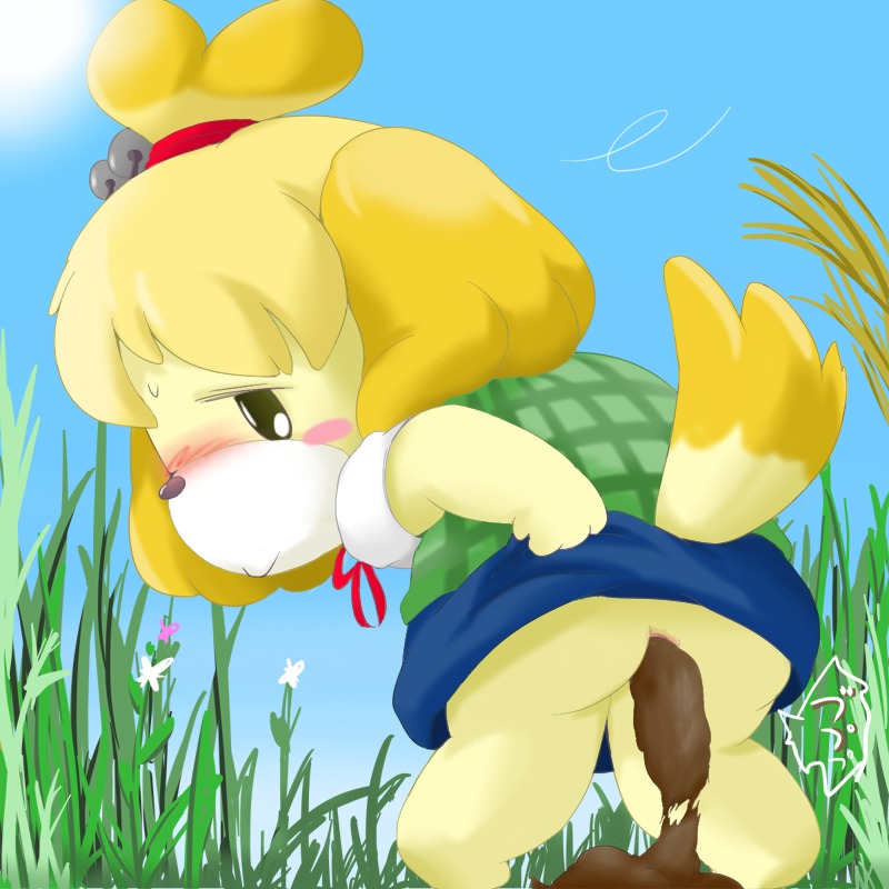 1:1 accessory animal_crossing anthro anus bell blonde_hair blush bottomwear butt canid canine canis clothed clothing clothing_lift dipstick_tail domestic_dog e621 feces feces_on_ground female fur grass hair hair_accessory hairband isabelle_(animal_crossing) mammal markings nintendo outside plant pooping scatplay shih_tzu skirt skirt_lift sky solo suvaru tail tail_markings toy_dog yellow_body yellow_fur