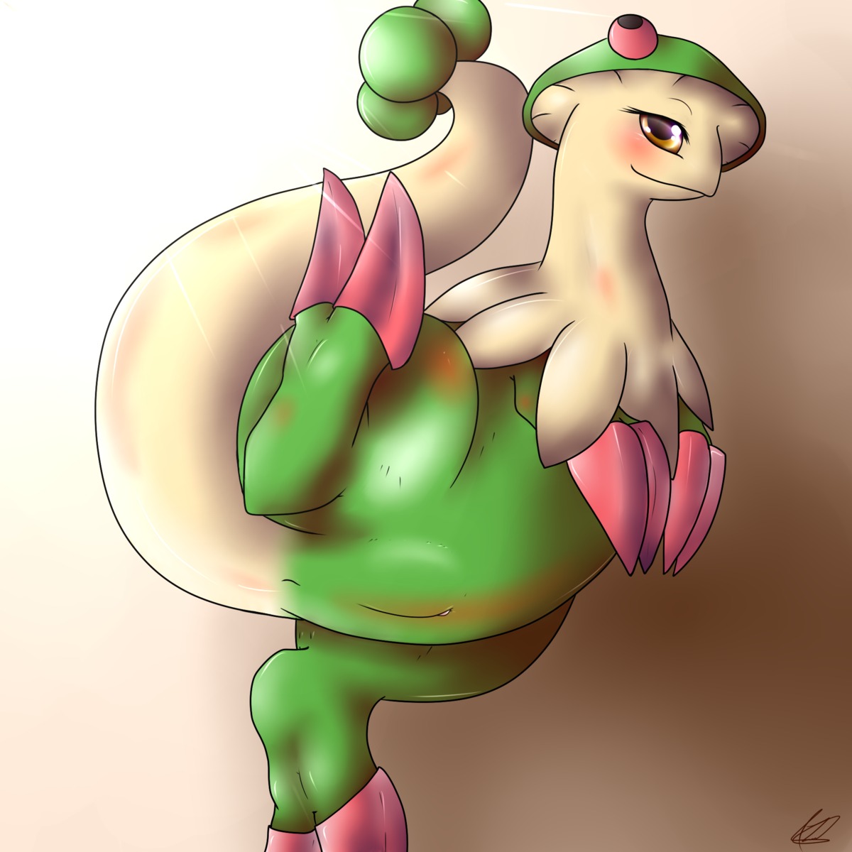 blush breloom brown_eyes closed_mouth color female female_only nude open_eyes pokemon pussy rule34 side_view solo tagme