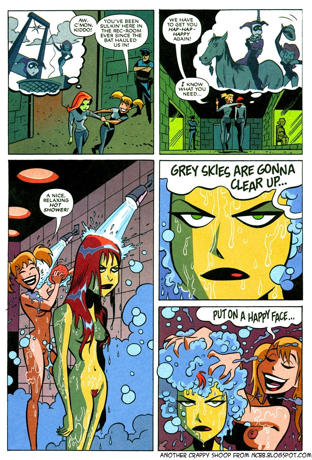 2d 2girls angry batman:_the_animated_series batman_(series) breasts canonical_scene comic completely_nude dc dc_comics dcau dialogue edit female female_only green-skinned_female green_skin harleen_quinzel harley_quinn lee_loughridge multiple_girls ncbb nipples nude nude_female poison_ivy poison_ivy_(dcau) pubic_hair pussy rule34 shane_glines shower speech_bubble the_new_batman_adventures