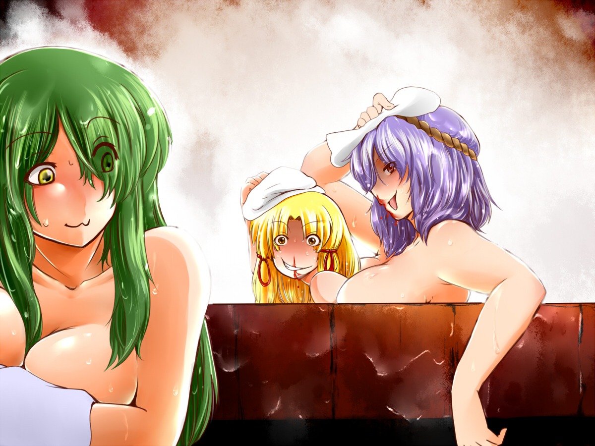 bath blonde_hair blood breasts female female_only green_eyes green_hair grin human kanako_yasaka large_breasts long_hair multiple_females multiple_girls nosebleed purple_hair red_eyes rule34 sanae_kochiya short_hair smile suwako_moriya tobisawa touhou yellow_eyes yuri
