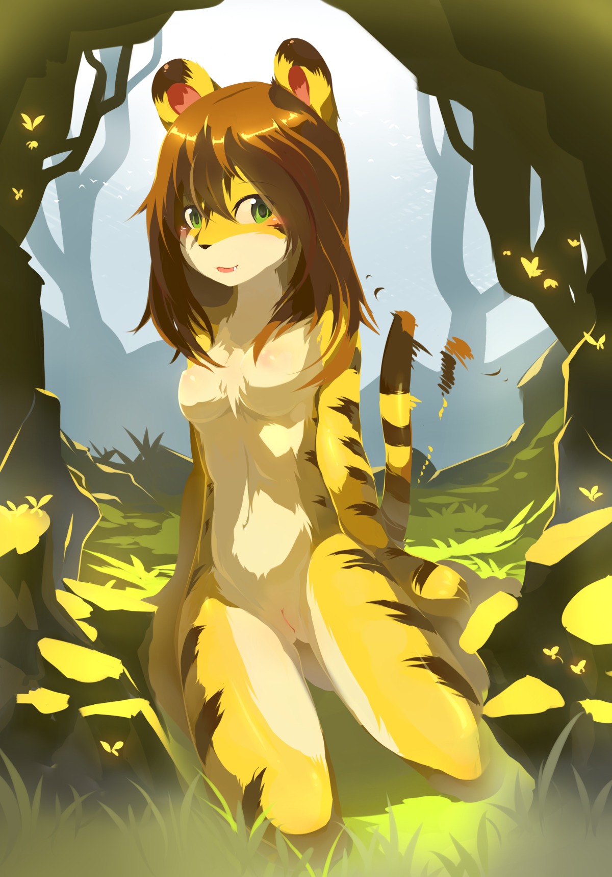 2014 absurd_res anthro black_nose blush breasts brown_hair chest_tuft chilon e621 felid female fur genitals green_eyes hair hi_res kneeling long_hair looking_at_viewer mammal nude pantherine sitting solo tiger tuft vulva yellow_body yellow_fur