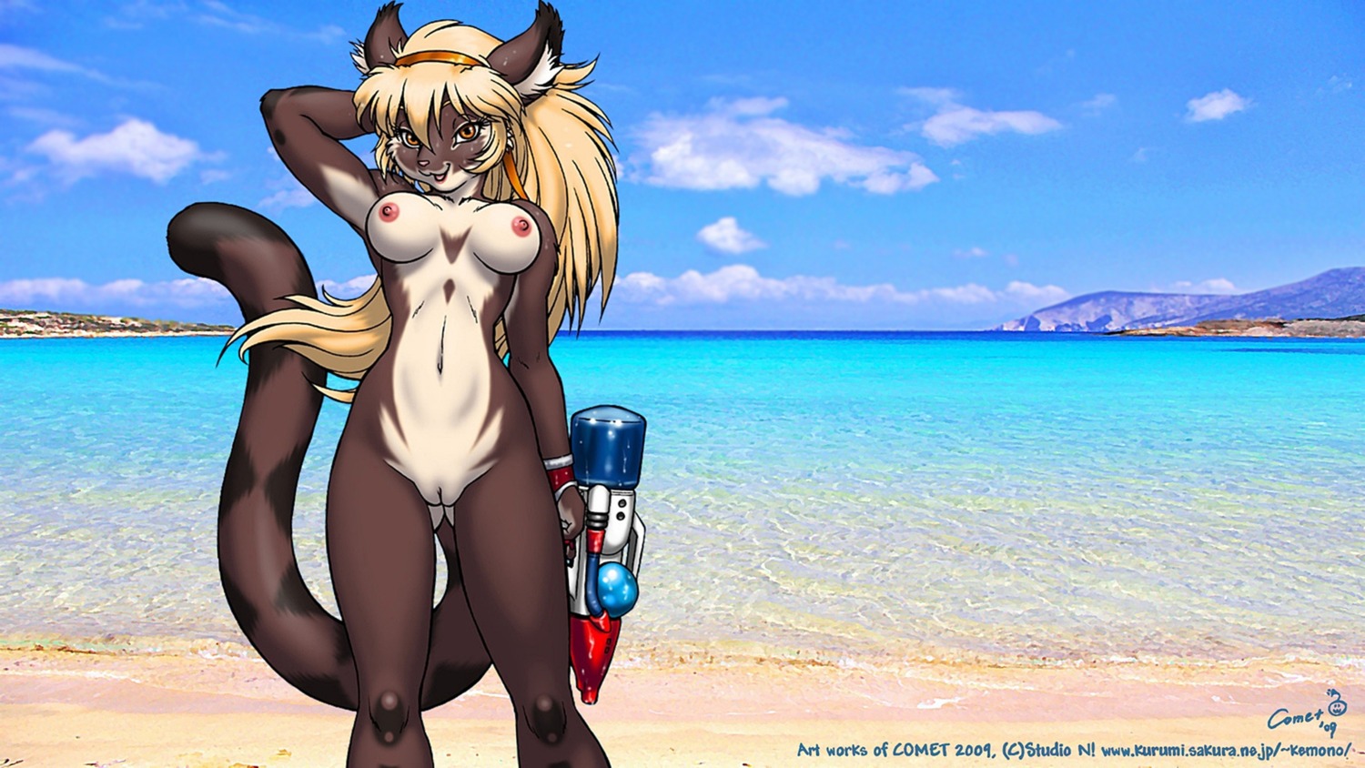 16:9 2009 amber_eyes anthro areola arm_by_side beach bent_arm blonde_hair breasts brown_body brown_fur cloud copyright_symbol countershade_crotch countershade_face countershade_neck countershade_torso countershading dated detailed_background domestic_cat dr_comet e621 english_text felid feline felis female foot_in_water fur genitals gold_headband hair hand_behind_head hi_res holding_object holding_toy holding_toy_gun innie_vulva mammal mixed_media navel nipples nude nude_anthro nude_female outside photo_background photography_(artwork) pink_areola pink_nipples pink_nose raised_arm round_breasts sand seaside signature skinny_dipping sky solo spherical_breasts standing straight_arm straight_legs super_soaker symbol tail text toy toy_gun vulva water water_gun widescreen year