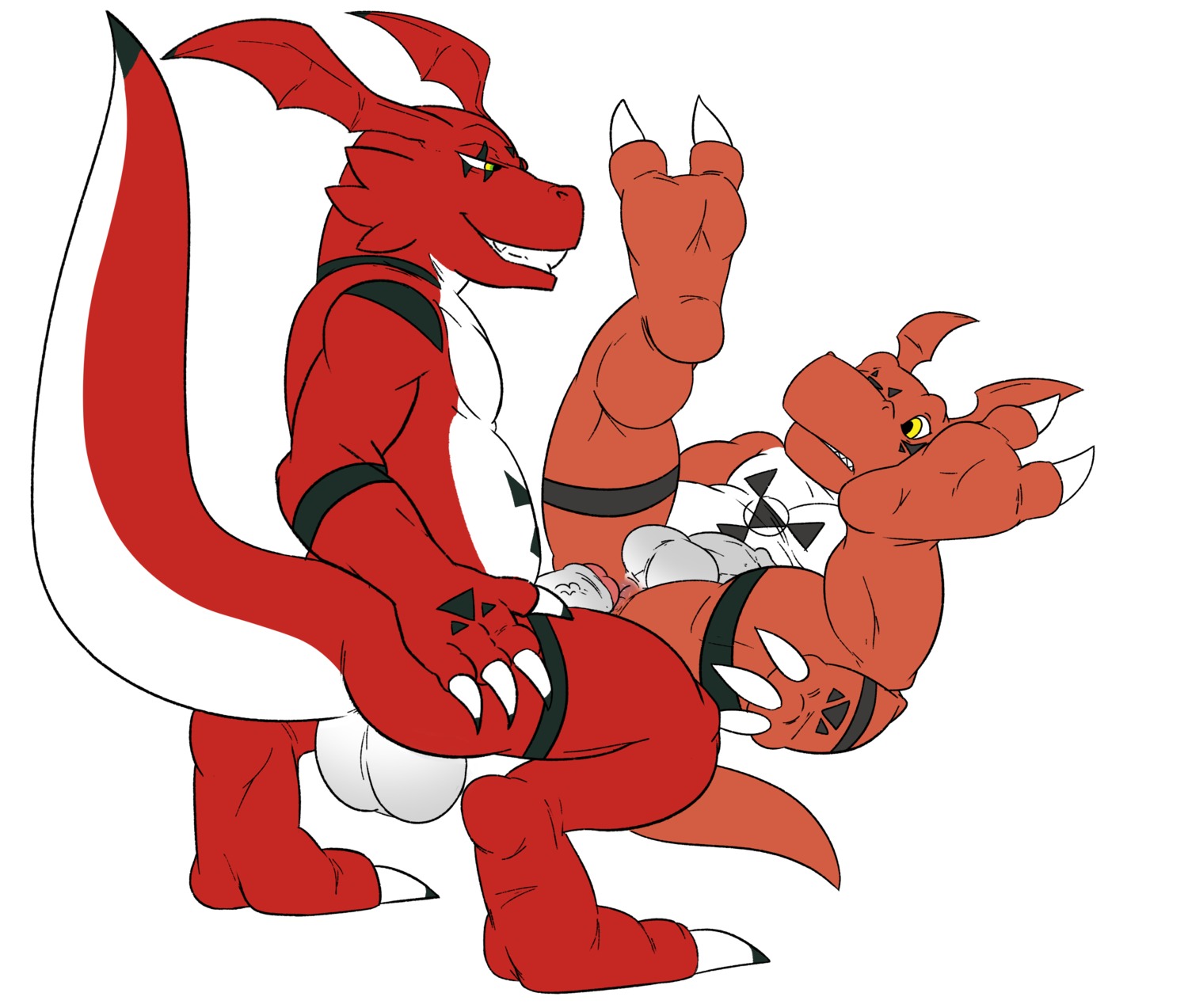 2013 2_toes absurd_res anthro balls bandai_namco big_balls claws digimon digimon_(species) digital_hazard duo e621 erection fan_character feet foreskin genitals guilmon hi_res humanoid_genitalia humanoid_penis jerseydevil king_felix legs_up lying male male/male markings non-mammal_balls non-mammal_foreskin nude on_back partially_retracted_foreskin penis scalie simple_background symbol toes vein veiny_penis white_background yellow_eyes