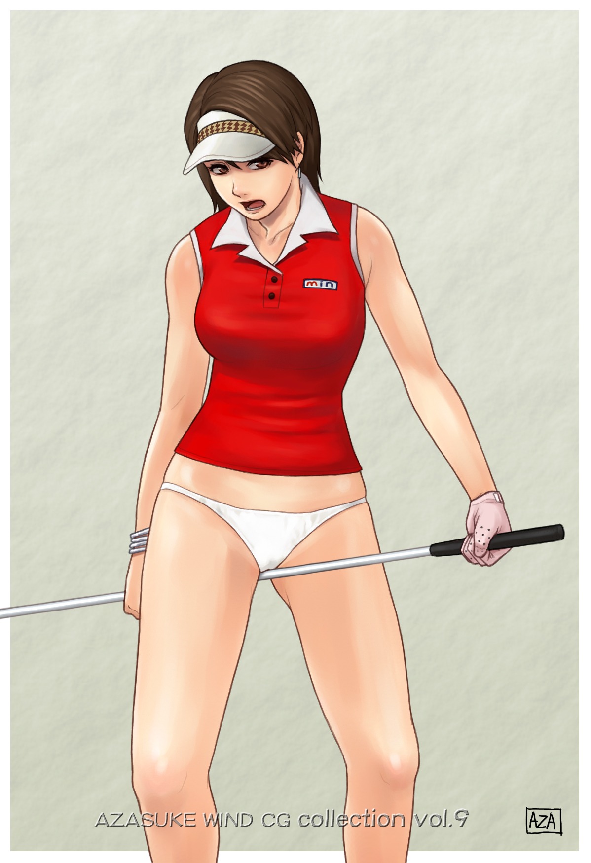 azasuke bare_shoulders between_legs blouse bottomless brown_eyes brown_hair earrings female gloves golf_club highres hot_shots_golf hot_shots_golf_fore! jewelry kyouko_(hot_shots_golf) looking_at_viewer masturbation open_mouth panties rule34 solo standing underwear visor white_panties