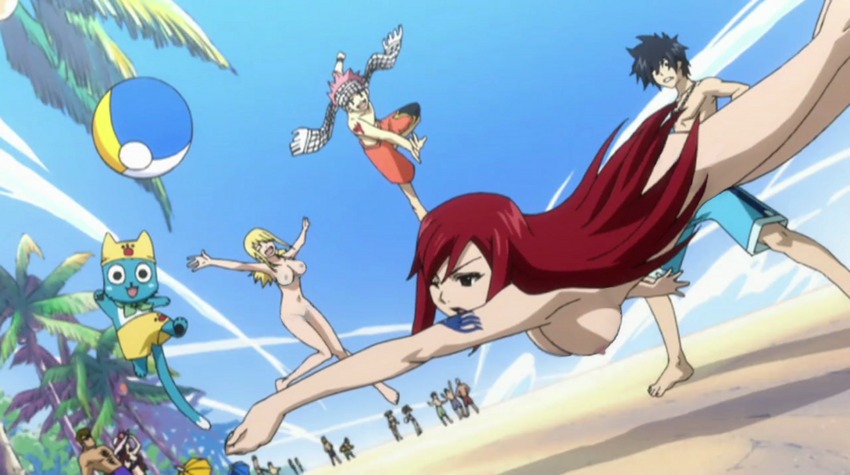 2boys 2girls arm_tattoo beach black-haired_male black_hair blonde-haired_female blonde_hair blue_tattoo breasts casual_nudity erza_scarlet fairy_tail fairy_tail_mark female gray_fullbuster happy happy_(fairy_tail) long_hair lucy_heartfilia male natsu_dragneel nipples no_bra no_panties nude nude_female nude_filter pink-haired_male pink_hair red-haired_female red_hair red_tattoo rule34 shoulder_tattoo tattoo tattoo_on_arm tattoo_on_shoulder tattooed_arm tattooed_shoulder volleyball