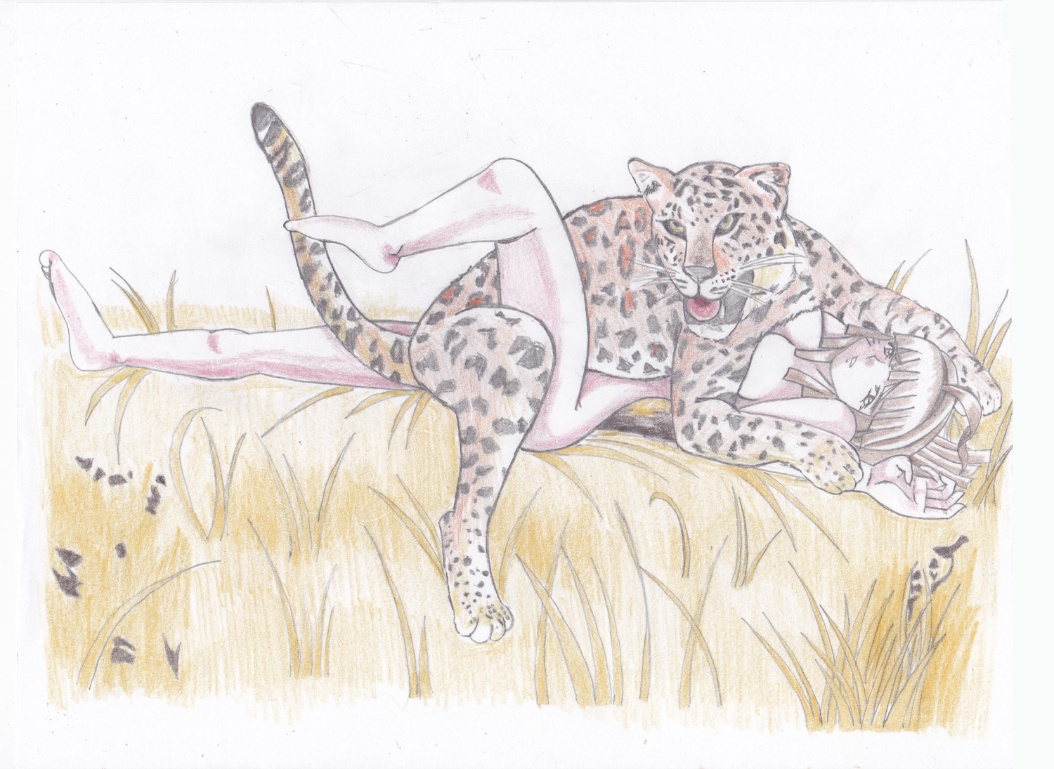 animal bare_shoulders blush brown_hair doggy_style female grass high_resolution humping leopard lying nature nature_background on_back rule34 sex sweat sweaty traditional_media_(artwork) zoophilia