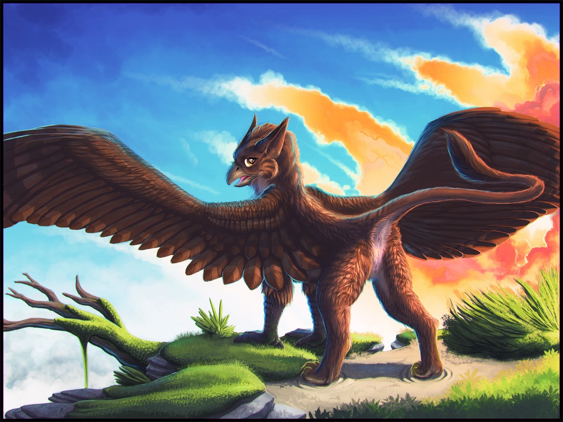 2014 4:3 anus artonis avian beak butt cloud digitigrade e621 feathered_wings feathers female feral genitals gryphon looking_at_viewer looking_back mythological_avian mythological_creature mythology nude outside presenting presenting_anus presenting_hindquarters presenting_vulva sky solo tail vulva wings