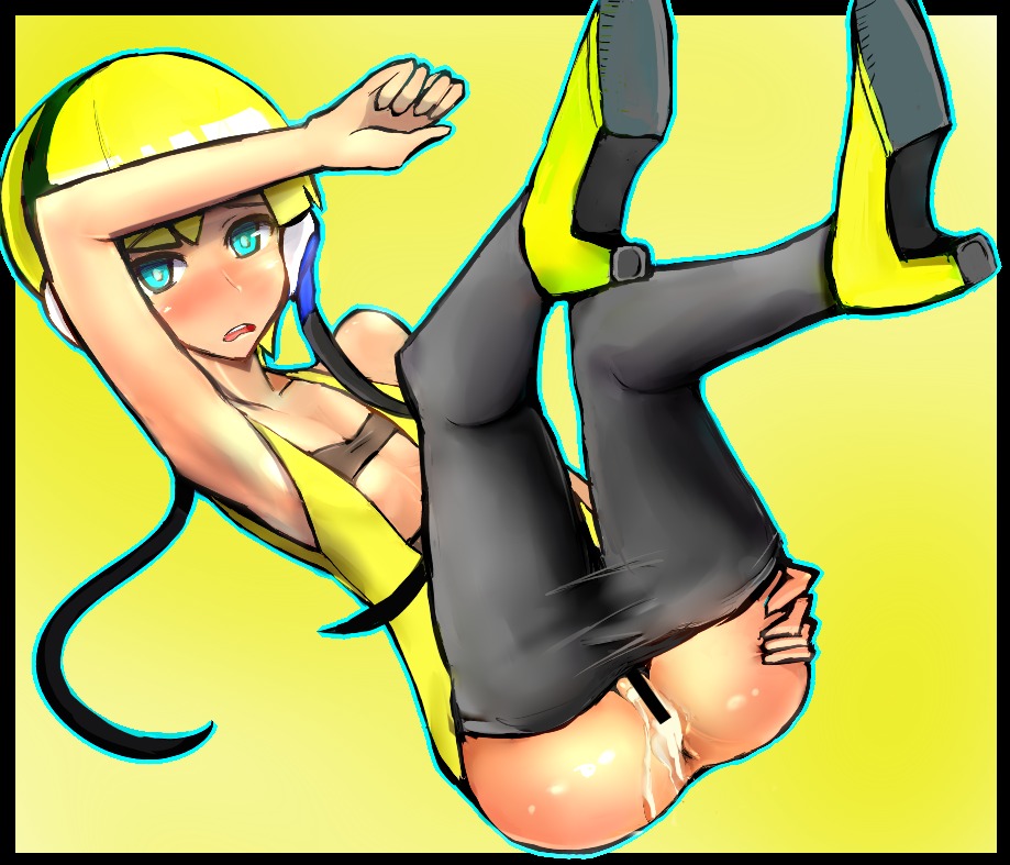 bar_censor black_border blue_eyes censored censored_pussy elesa_(pokemon) exposed_pussy female flat_chest fu-6816 game_freak human human_only nintendo pokemon pokemon_bw pussy rule34 solo tagme yellow_background yellow_theme