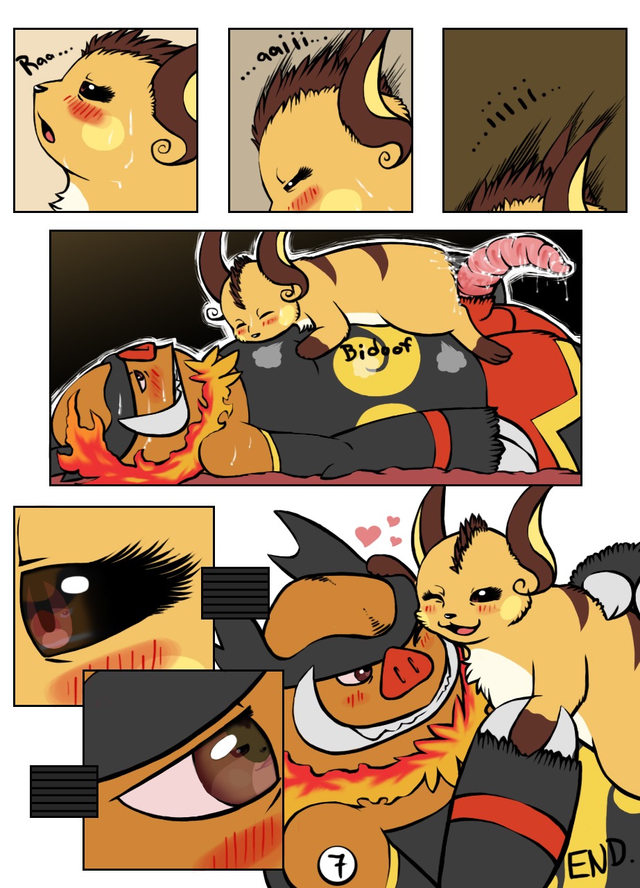 after_sex anthro balls blush comic duo e621 emboar female fire flaming_hair flaming_mane generation_1_pokemon generation_5_pokemon genitals half-erect heart_symbol hi_res male male/female mammal nintendo penis pokemon pokemon_(species) pseudo_hair pseudo_mane raichu rathmutatio rodent
