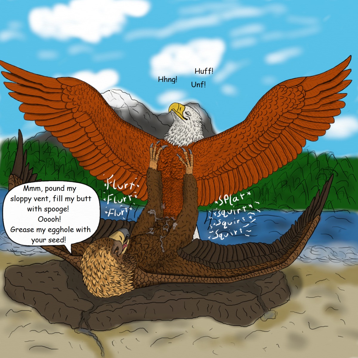 1:1 accipitrid accipitriform ambiguous/ambiguous ambiguous_gender anatomically_correct animal_genitalia anvil_position avian avian_feet bald_eagle beak bird bodily_fluids brown_body brown_feathers claws cloaca cloacal cloacal_kiss comic_sans cum dialogue digital_media_(artwork) dirty_talk duo e621 eagle english_text eyes_closed feathered_wings feathers feet feral feral_on_feral ferobird from_front_position genital_fluids genitals golden_eagle hi_res legs_up lying multicolored_body multicolored_feathers nude on_back open_beak open_mouth outside porn_dialogue sawyer_(ferobird) sea_eagle sex sound_effects speech_bubble spread_wings talons text toe_claws toes true_eagle two_tone_body two_tone_feathers water white_body white_feathers wings