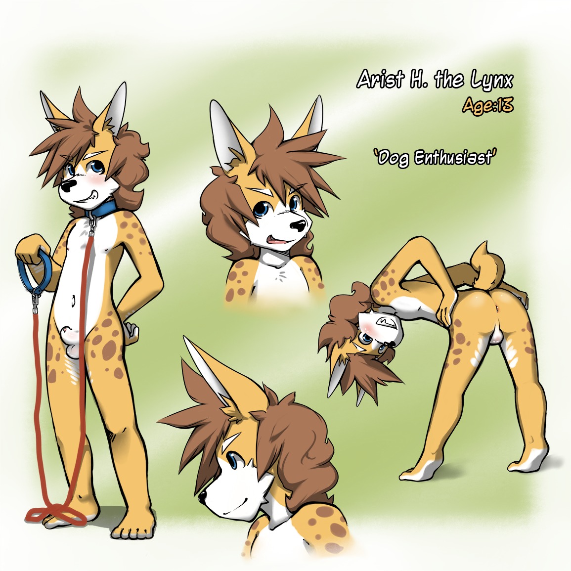 1:1 animal_genitalia anthro anus arist backsack balls biped blue_eyes blush brown_hair butt collar e621 english_text fangs felid feline genitals hair harmarist leash lynx male mammal navel nipples nude penis penis_tip presenting presenting_hindquarters sheath solo teeth text young young_anthro young_male