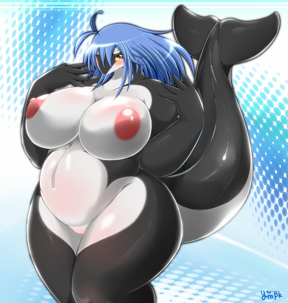 anthro aquatic areola big_breasts blue_hair blush breasts cetacean charme curvy_figure dolphin e621 female genitals hair huge_breasts looking_at_viewer mammal nipples nude oceanic_dolphin orca pink_nipples simple_background slightly_chubby small_head solo tail thick_tail thick_thighs toothed_whale voluptuous vulva wide_hips yellow_eyes ymbk