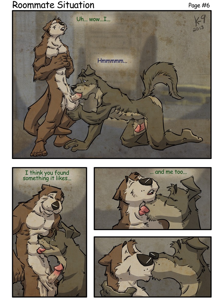 2013 abs anthro anthro_on_anthro athletic ball_fondling balls canid canine circumcised comic dialogue duo e621 english_text erection eyes_closed fellatio fondling fur genitals humanoid_genitalia humanoid_penis k-9 kissing licking male male/male male_penetrated male_penetrating male_penetrating_male mammal multiple_scenes mustelid nude oral oral_penetration otter penetration penile penis sex text tongue tongue_out