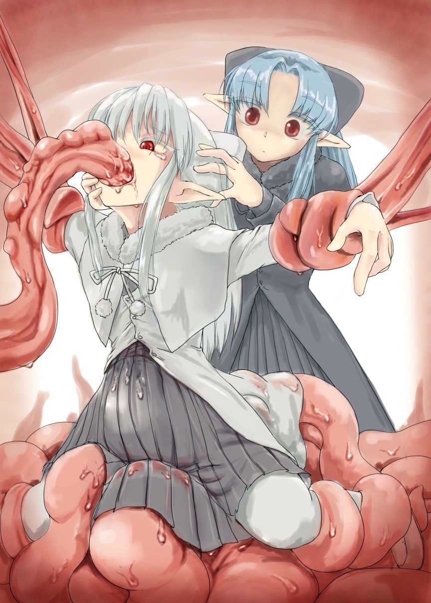 ambiguous_penetration blue_hair bondage bow covered_penetration dress female hairbow highres implied_penetration implied_sex kagetsu_tohya katatuki len len_(tsukihime) melty_blood pointy_ears red_eyes rule34 sex sex_under_clothes sex_under_dress tentacle tentacle_under_dress tentacles_under_clothes thighhighs tsukihime type-moon white_hair white_len