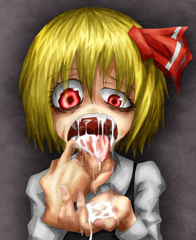 1girls 2d 2d_(artwork) after_fellatio bags_under_eyes blonde_hair clothed clothed_female creepy cum cum_in_hands cum_in_mouth fangs female hair_ribbon hairbow mouth_open ray-kbys red_eyes ribbon rule34 rumia scary scary_face scary_sex short_hair solo teeth touhou wide_open_mouth yellow_hair
