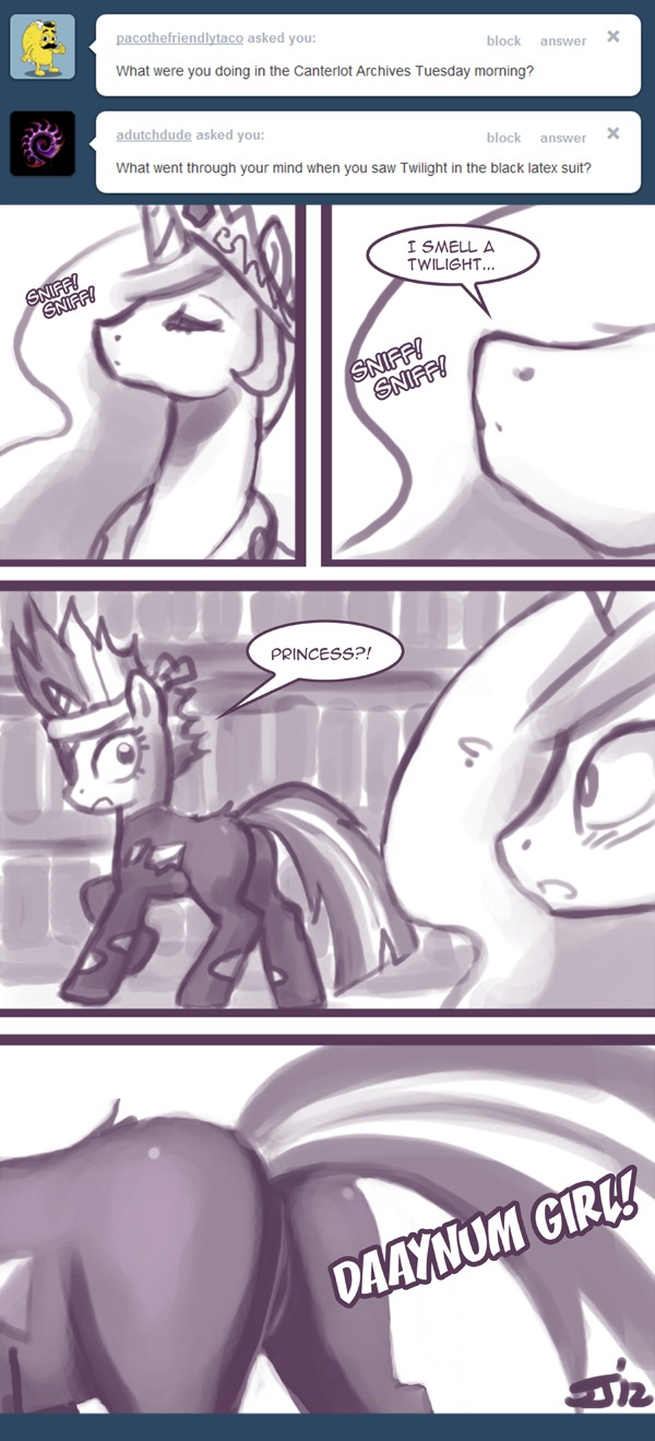 2012 ask_blog butt comic crown dialogue duo e621 english_text equid equine eye_patch eyewear female female/female feral friendship_is_magic hair hasbro headgear hi_res horn john_joseco latex mammal monochrome my_little_pony mythological_creature mythological_equine mythology princess_celestia_(mlp) quadruped signature tail text tumblr twilight_sparkle_(mlp) unicorn