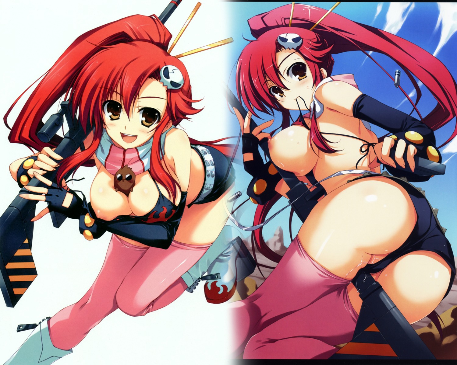1girls ass bikini breast_hold breasts cleavage female female_only gun mizugi mugenkidou nipple_slip nipples oppai pussy pussy_juice rule34 solo tengen_toppa_gurren_lagann thighhighs tomose_shunsaku weapon yoko_littner