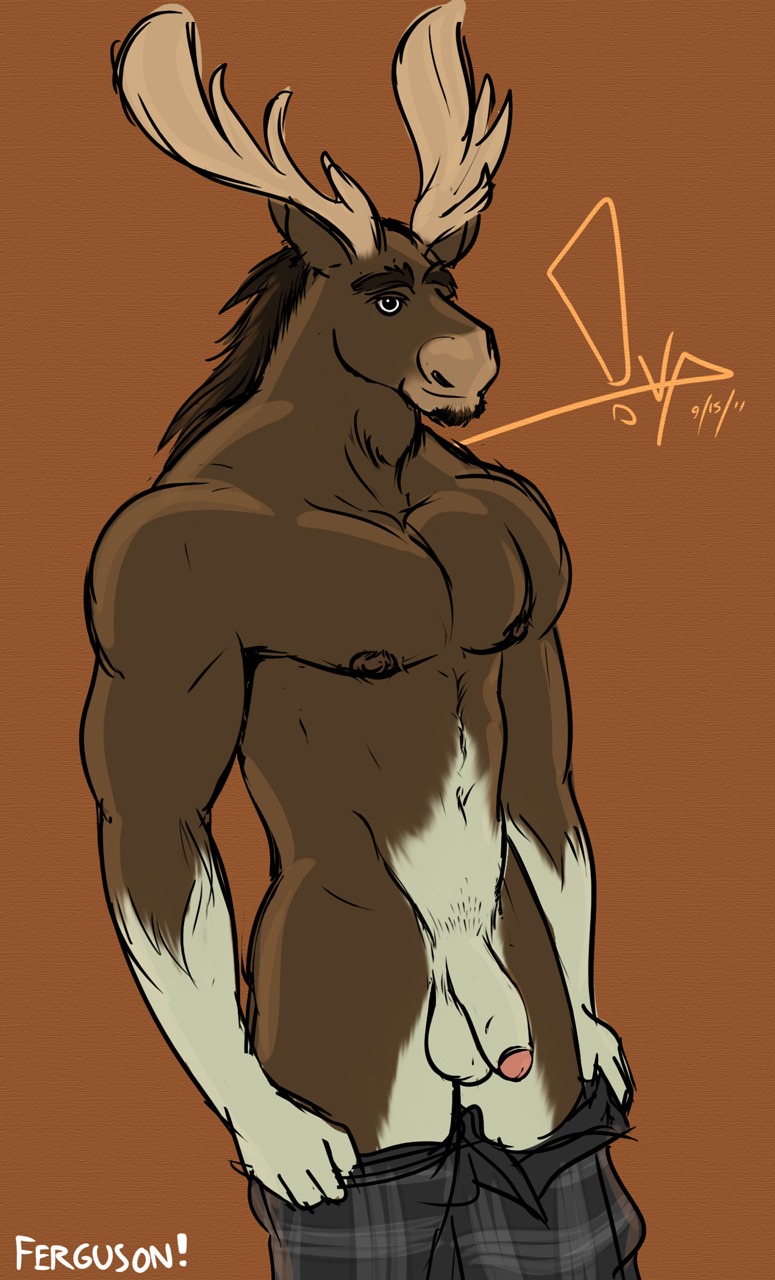 2011 abs anthro antlers balls bgn biceps black_eyes bottomwear clothed clothing deer digital_media_(artwork) e621 flaccid foreskin fur genitals hi_res horn humanoid_genitalia humanoid_penis male mammal moose muscular muscular_anthro muscular_male new_world_deer nipples pants partially_retracted_foreskin pecs penis solo topless undressing