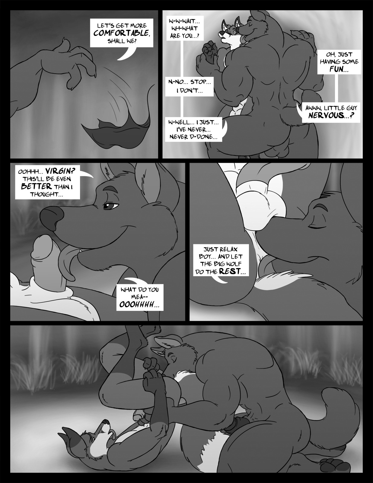 anal anthro balls biceps big_balls big_muscles biped bottomwear canid canine canis clothing comic dialogue duo e621 english_text erection fox fur genitals greyscale hi_res huge_muscles jonathan_(juano) juano larger_male legs_above_head licking loincloth male male/male male_penetrated male_penetrating male_penetrating_male mammal monochrome multiple_scenes muscular muscular_anthro muscular_male oral penetration penis red_fox rimming sex shoulder_stand size_difference smaller_male stephen_(juano) tail text tongue tongue_out tribal true_fox wolf