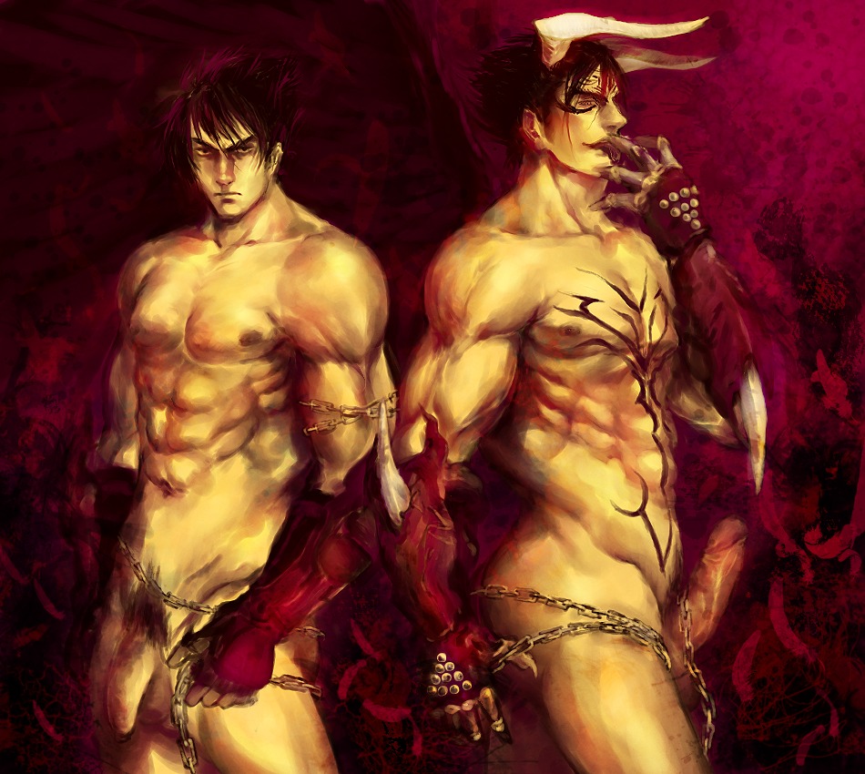 abs balls chains closed_eyes devil_jin duplicated_character erect_nipples erection finger_licking fingerless_gloves flaccid foreskin gold_jewelry horns jin_kazama kazama_jin looking_at_viewer male multiple_males muscles muscular muscular_male nipples pecs penis pubic_hair red_hair rule34 sharp_claws tattoo tekken testicles tongue tongue_out uncircumcised uncut yaoi