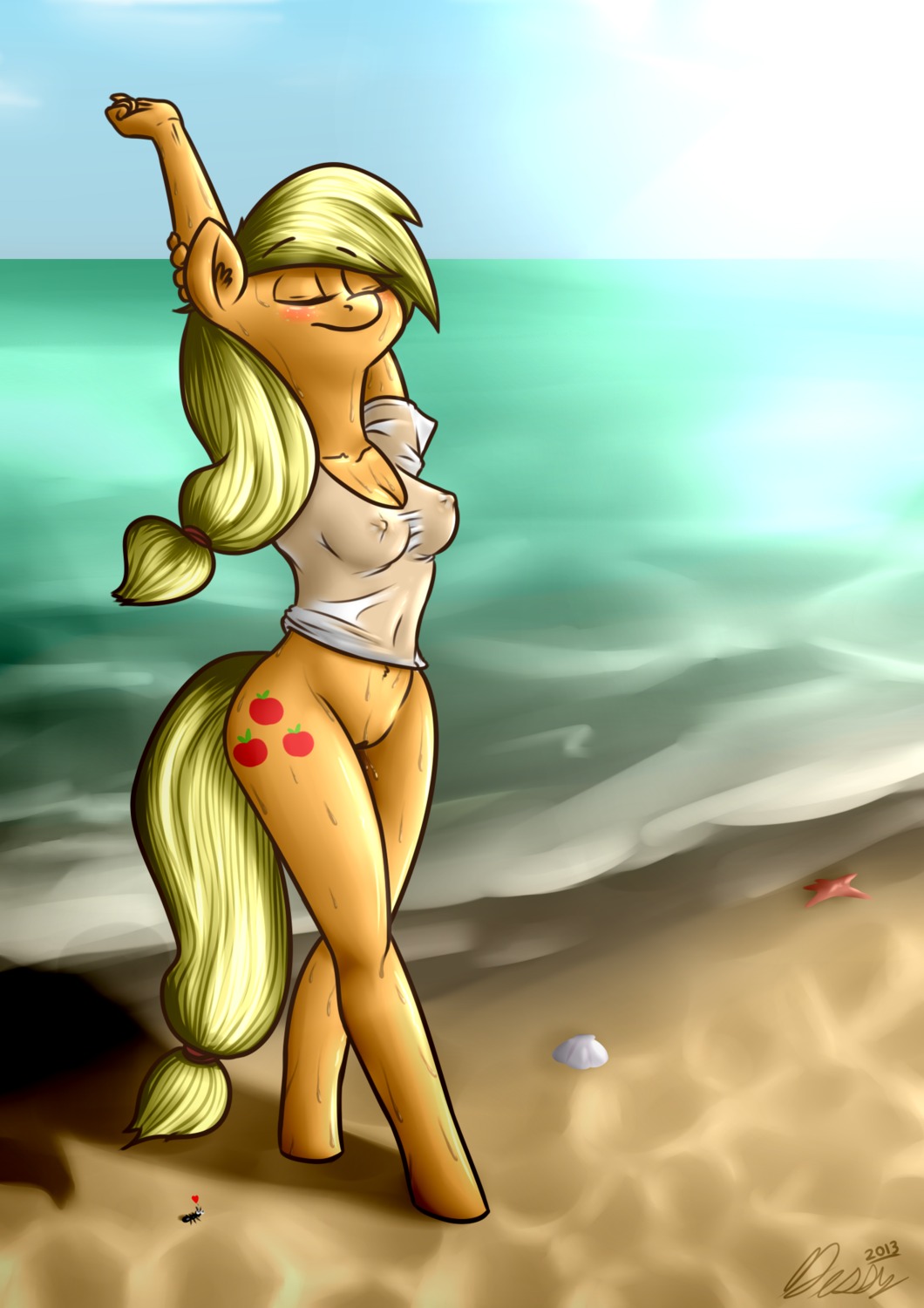 2013 ambient_sealife ambient_starfish ant anthro anthrofied applejack_(mlp) aquatic arm_above_head arthropod asterozoan beach biped blonde_hair blush bottomless breasts cleavage clothed clothing cutie_mark detailed_background dissyshy e621 earth_pony echinoderm equid equine eyes_closed female freckles friendship_is_magic fur genitals hair hand_behind_head hasbro heart_symbol hi_res horse hymenopteran insect light looking_up mammal my_little_pony navel orange_body orange_fur outside pony sand sea seashell seaside shell shirt sky solo standing starfish stretching sunlight topwear vulva water wet wet_body wet_clothing wet_fur wet_shirt wet_topwear