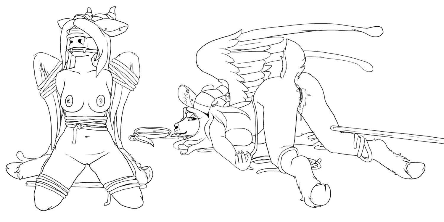 2:1 anthro anus bdsm black_and_white bleuhawke bodily_fluids bondage bound breasts dragon e621 feathered_dragon feathered_scalie feathered_wings feathers female genital_fluids genitals hi_res horn looking_at_viewer looking_back monochrome mythological_creature mythological_scalie mythology nipples non-mammal_breasts non-mammal_nipples scalie simple_background solo submissive submissive_female vaginal_fluids vulva white_background wings
