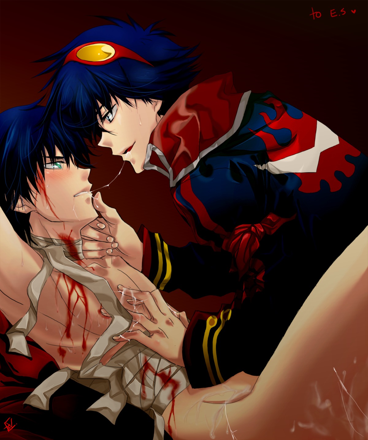 al_bhed_eyes bandage beige_skin bleeding blood blood_stain bloody_bandage blue_hair blush clothed_on_nude clothes color cum cum_on_body cum_on_self dual_persona eye_contact forced garlock_simon gay goggles hair highres human injury looking_at_another male male_only multiple_males nude red_blood restrained rule34 saliva saliva_trail selfcest short_hair side_view simon_(tengen_toppa_gurren_lagann) sweat tengen_toppa_gurren_lagann trench_coat trenchcoat yaoi