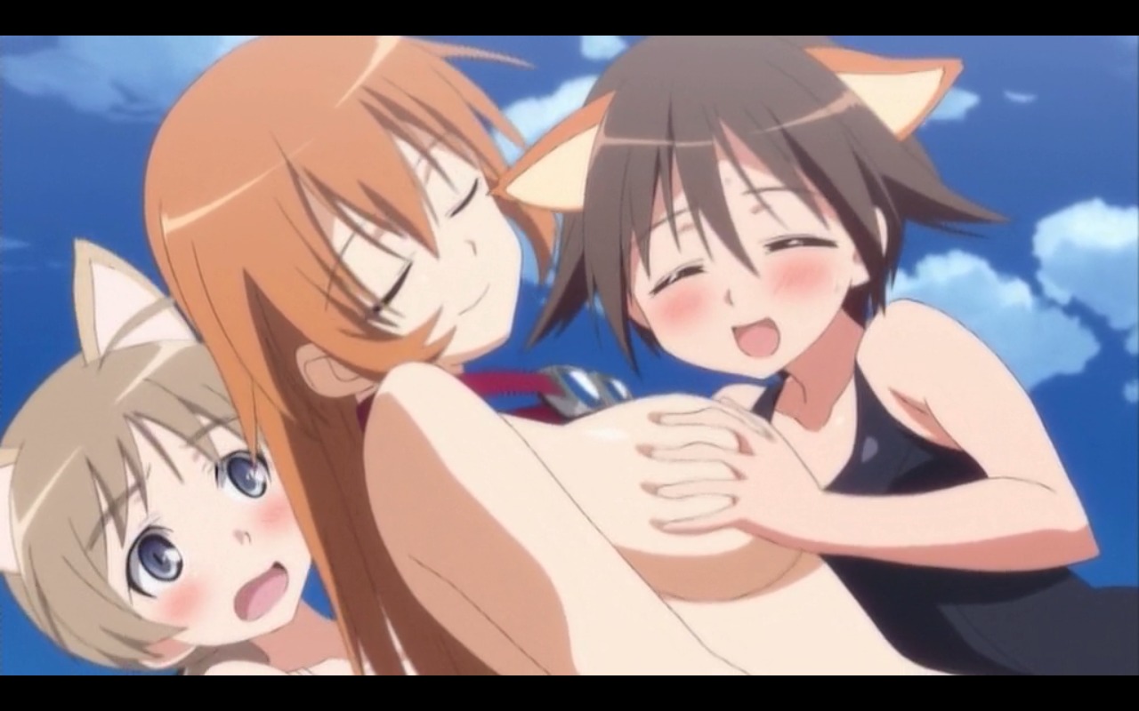 blush breasts charlotte_e._yeager female lynette_bishop medium_breasts miyafuji_yoshika one-piece_swimsuit rule34 strike_witches swimsuit tagme world_witches_series yuri