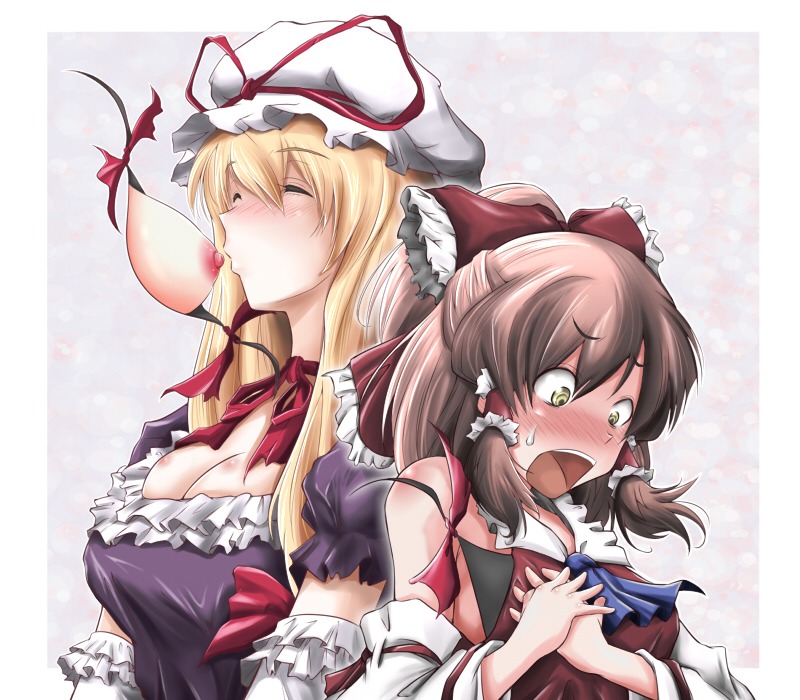 2girls ao_usagi areolae blonde_hair blush bow breast_sucking breasts brown_hair closed_eyes detached_sleeves elbow_gloves erect_nipples female female_only gap gloves hairbow hat human humor long_hair molestation multiple_females multiple_girls nipples no_bra open_mouth portal portal_(object) reimu_hakurei remote_transfer rule34 short_hair surprised sweat sweatdrop touhou yellow_eyes yukari_yakumo yuri