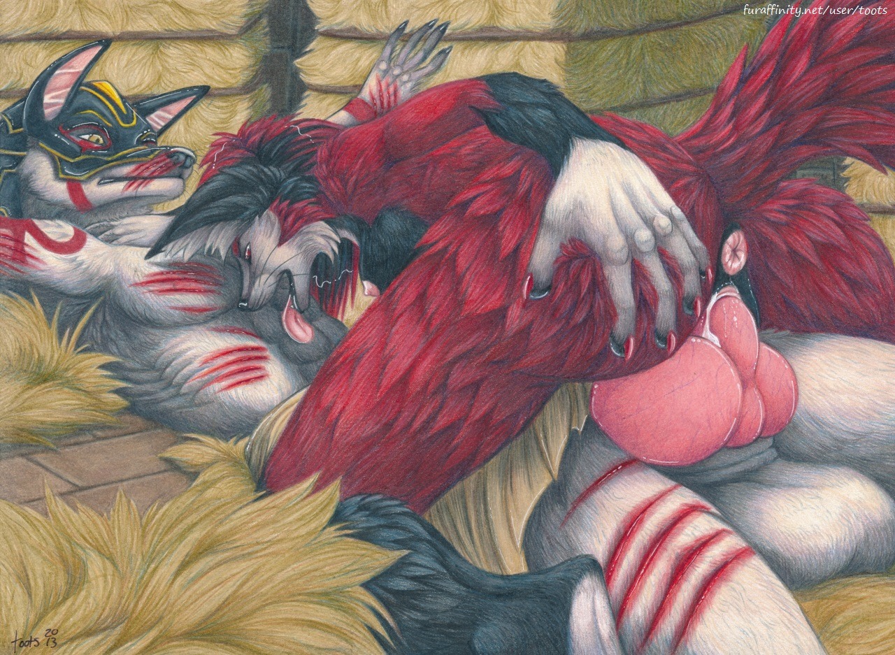 2013 animal_genitalia animal_penis anthro anus balls big_knot black_body black_fur blood bodily_fluids breasts canid canine canine_genitalia canine_penis canis cowgirl_position cum cum_in_vagina cum_inside duo e621 erection female female_on_top female_penetrated from_front_position fur genital_fluids genitals grey_body grey_fur hay jackal knot licking lying male male/female male_on_bottom male_penetrating male_penetrating_female mammal mask nude on_back on_bottom on_top penetration penile penile_penetration penis penis_in_vagina pink_penis red_body red_fur scratch sex side_boob straddling tongue tongue_out toots traditional_media_(artwork) vaginal vaginal_penetration vulva